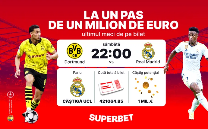 Real Madrid – Dortmund îi poate aduce un milion de euro unui parior Superbet! Vezi biletul fabulos, de cotă 421064.85. ADVERTORIAL