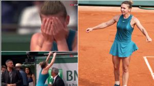 Imaginile care vor rămâne în ISTORIE! Halep a aruncat racheta, a plâns pe teren și a fost ajutată de un organizator să urce în loja familiei și a staff-ului | VIDEO EMOȚIONANT
