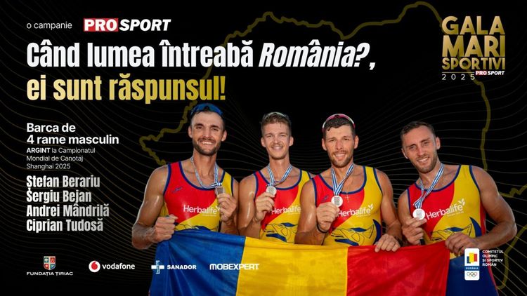 Echipajul României de canotaj la barca 4 rame masculin, premiat la Gala Mari Sportivi ProSport pentru argintul mondial din 2025!