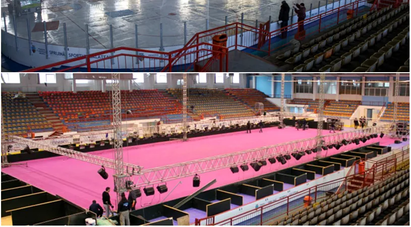 GALERIE FOTO | Patinoarul din Galați, transformat complet în arenă de tenis pentru meciurile de la FedCup. Simona Halep stabilește suprafața de joc: 