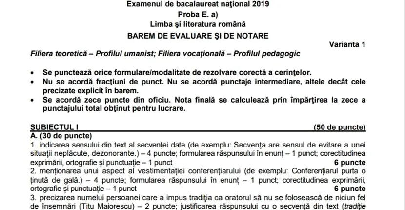 Cum se rezolvă subiectele de la Bacalaureat la Limba și Literatura Română. Barem de notare, conform Edu.ro