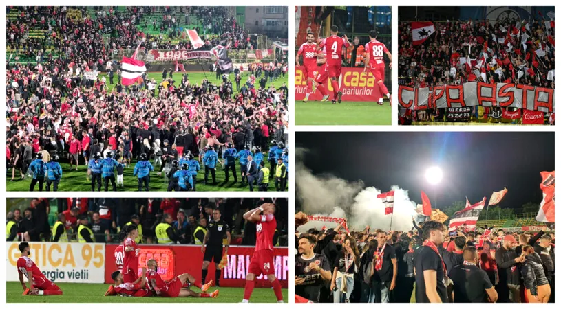 FOTO și VIDEO | S-a declanșat nebunia la Mioveni! Fanii lui Dinamo au intrat pe teren după promovare. Momente spectaculoase în urma returului cu Campionii FC Argeș