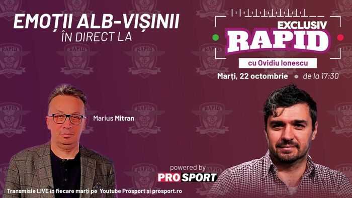 Aseară, în Giulești, astăzi, la "EXCLUSIV RAPID", alături de Marius Mitran, de la ora 17:30, LIVE, pe canalul de YouTube - ProSport!