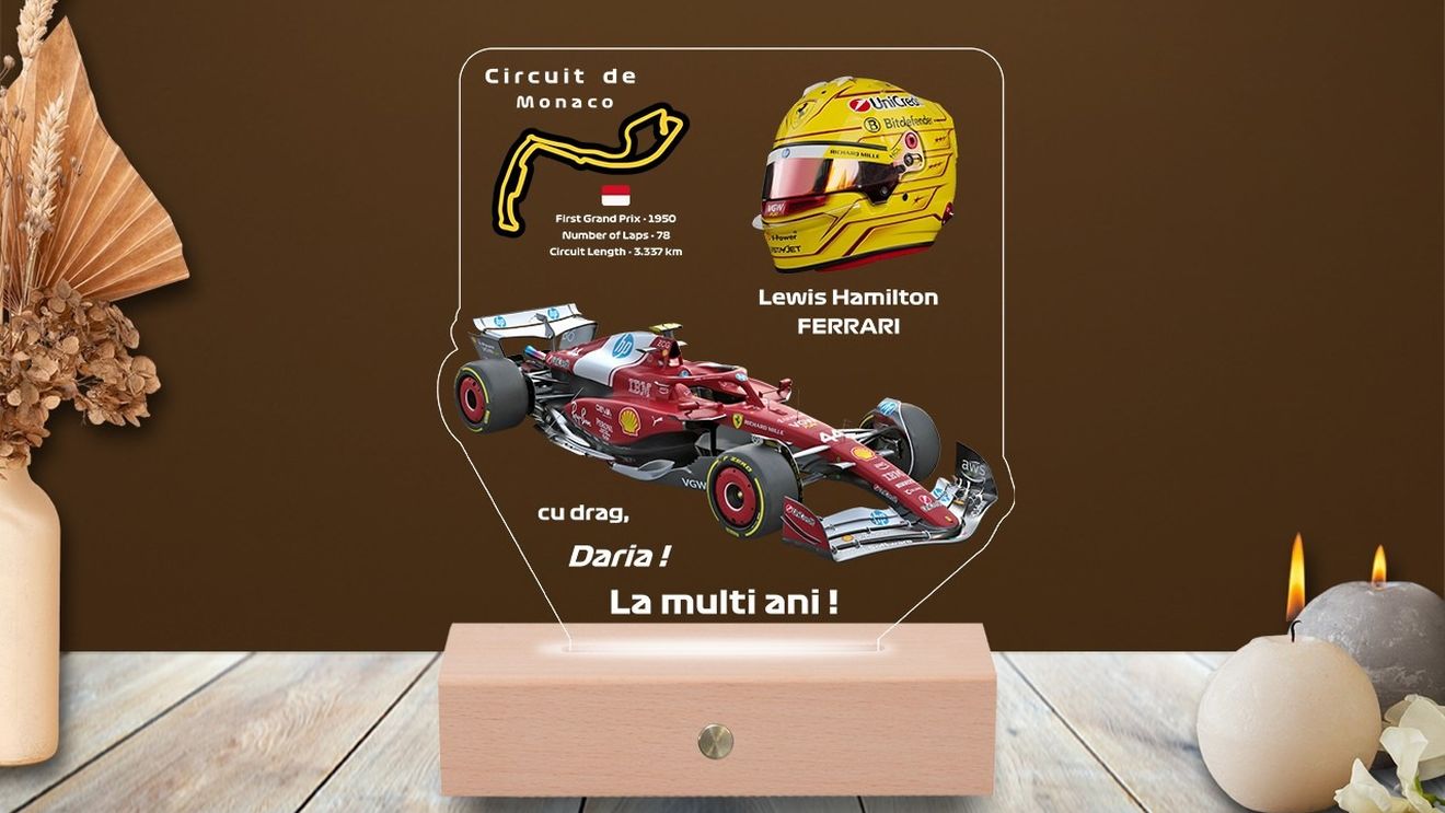Adrenalina din Formula 1, transformată în design de lumină: Lampa LED 3D Personalizată – Ferrari Lewis Hamilton (P)