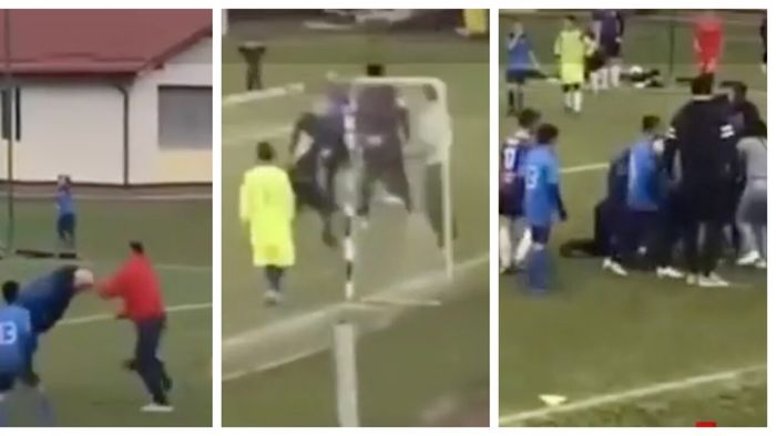 Imagini scandaloase! La un meci de fotbal, părinții juniorilor s-au luat la bătaie din cauza arbitrajului, iar copiii au încercat disperați să oprească loviturile pe care adulții şi le-au dat