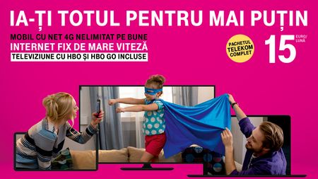 (P) Totul pentru mai puțin, de la Telekom! Pachetul Telekom Complet: mobil cu Net Nelimitat 4G, Internet fix de mare viteză și televiziune, cu HBO și HBO GO incluse până la finalul anului, la doar 15 euro / lună. 
