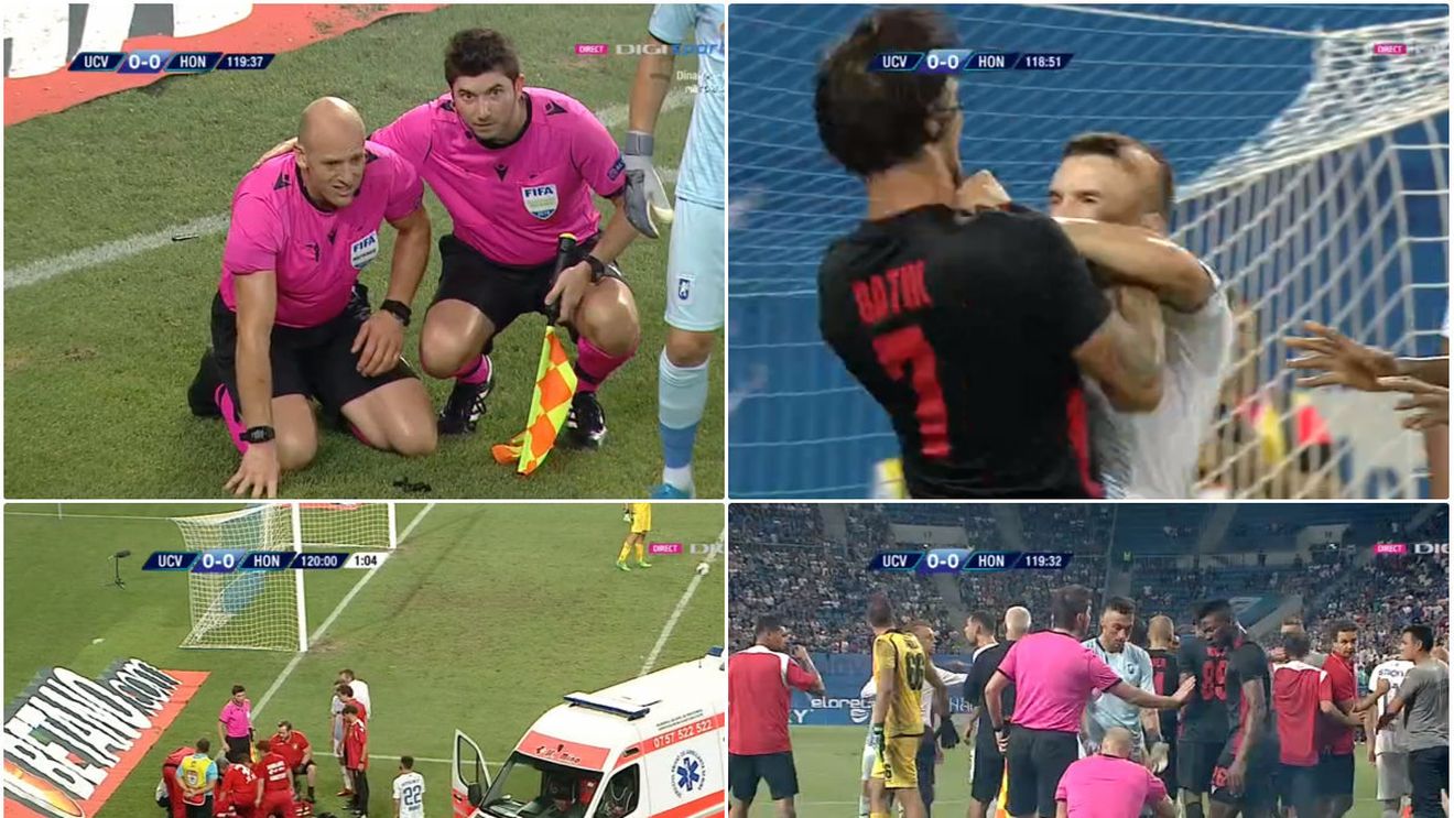INCREDIBIL! Fanii olteni au scăpat de sub control. O petardă și un obiect l-au doborât pe arbitrul meciului U Craiova - Honved. Ungurii au cerut oprirea meciului