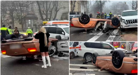 Bentley decapotabil, strivit pe asfalt în centrul Ploieştiului. Bolidul a lovit un SUV parcat, apoi s-a răsturnat pe plafon