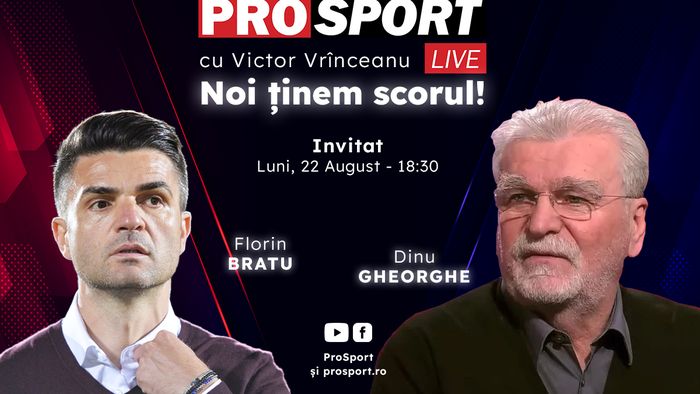ProSport Live, o nouă ediție premium pe prosport.ro! Fostul selecționer U21, Florin Bratu, și Dinu Gheorghe sunt invitații speciali ai emisiunii, de la 18:30