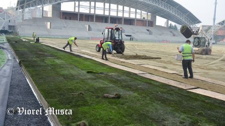 FOTO | Montarea gazonului pe arena ”Francisc Neuman” a început ”din respect pentru cetăţenii Aradului şi pentru fotbal.” Firma care execută lucrarea nu ştie când va încheia procesul