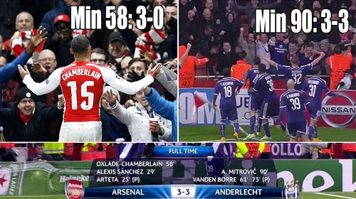 Meci de coșmar pentru Arsenal. În minutul 58 tunarii conduceau cu 3-0, dar Anderlecht a revenit incredibil
