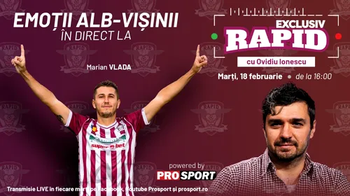 E marți, e „EXCLUSIV <i class='ep-highlight'>RAPID</i>„. Ne vedem la ora 16:00, LIVE, pe YouTube – ProSport, alaturi de Marian Vlada, omul care a marcat în poarta Stelei și a promovat cu <i class='ep-highlight'>Rapid</i> din liga a 4-a până în liga a 2-a