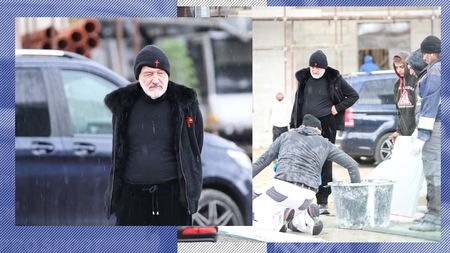 Muncitorii s-au pus în genunchi în fața lui Gigi Becali la biserica în care a băgat peste 10.000.000 de euro. Miliardarul le-a dat indicații și s-a văitat că-l doare spatele. EXCLUSIV