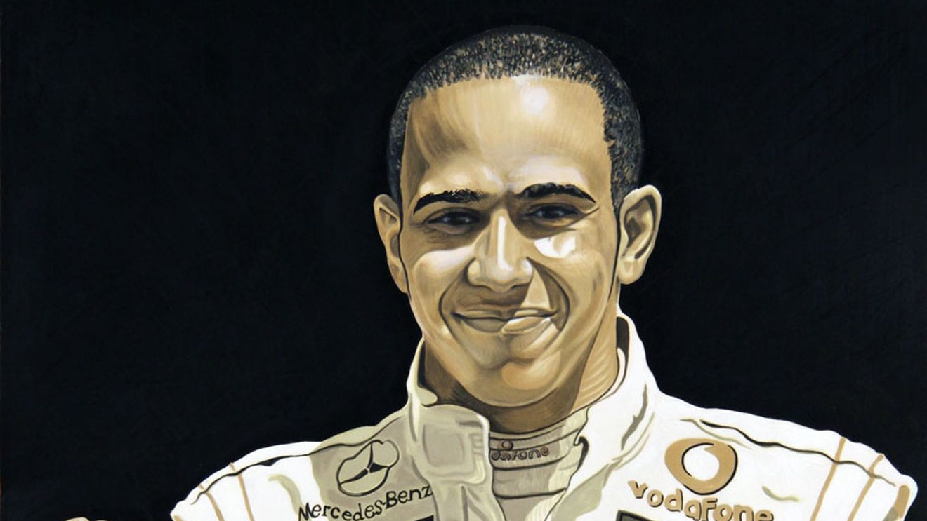 Campionul de Formula 1 Lewis Hamilton, pictat in ulei ars