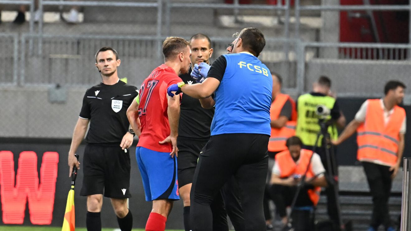 Imagine îngrozitoare! Darius Olaru, plin de sânge, după ce a primit un cap în figură în Maccabi Tel-Aviv - FCSB