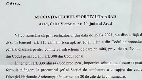 Clubul UTA a fost absolvit de vină în procesul ce-i vizează pe „oficialii” săi, acuzați de DNA de complicitate la infracțiunea de mită! Ce riscă cei trimiși în judecată