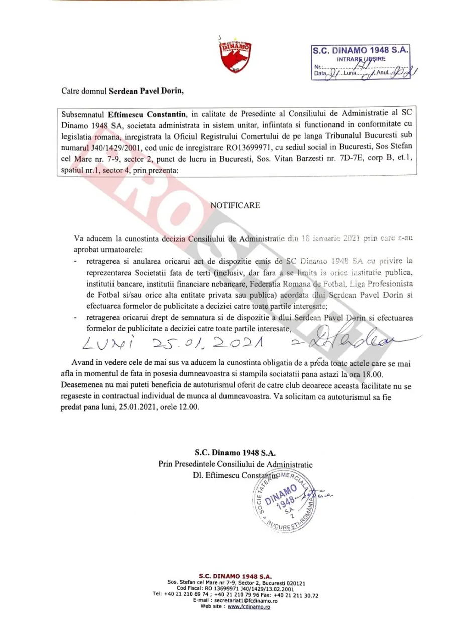 Dorin Șerdean a semnat cu pixul de luare la cunoștintă actul de concediere