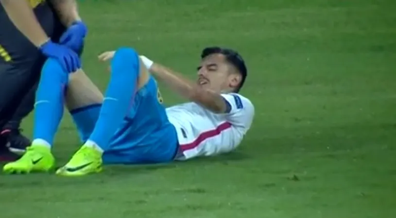 Probleme pentru FCSB! FOTO | Romario Benzar s-a accidentat și a ieșit de pe teren pe brațele oamenilor din staff-ul medical