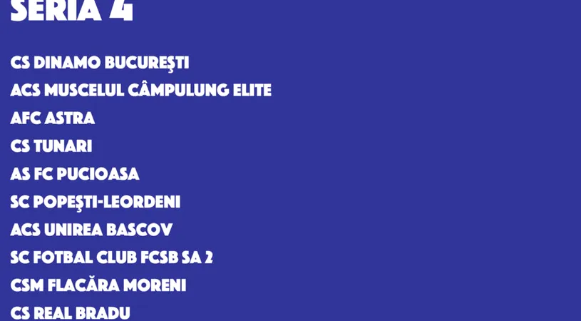 Seria 4 Liga 3 | Duel FCSB 2 - CS Dinamo în această grupă din care face parte și fosta campioană Astra. Programul meciurilor