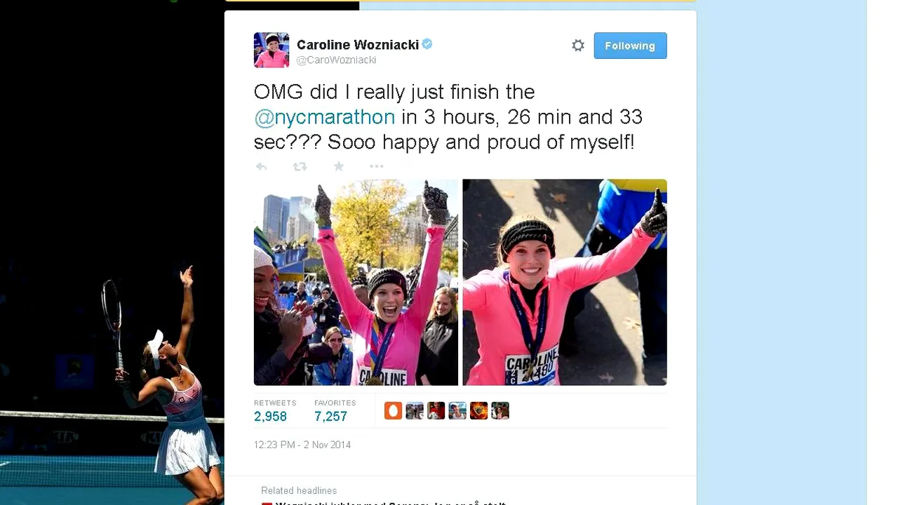 Curajul unei tenismene: frumoasa daneză Wozniacki a alergat Maratonul de la New York în 3 ore și jumătate și și-a relatat cursa pe Twitter. FOTO