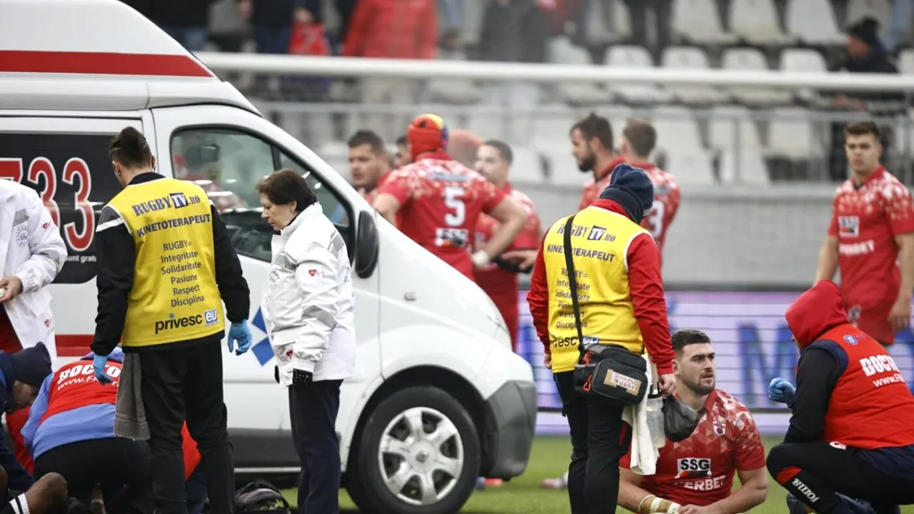 Panică la finala de rugby dintre CSM Baia Mare și Dinamo București. Salvarea a intrat de urgență pe teren: jucătorul a suferit o comoție şi toată lumea s-a speriat