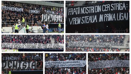FOTO | Stadionul Steaua, împânzit cu mesaje împotriva conducerii clubului și a ministrului Apărării! Suporterii cer demisii după ce echipa n-a obținut dreptul de promovare nici în noul sezon