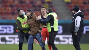 Momente tensionate pe Arena Națională! Un fan a pătruns pe gazon și s-a dus țintă spre doi fotbaliști de la FCSB | FOTO