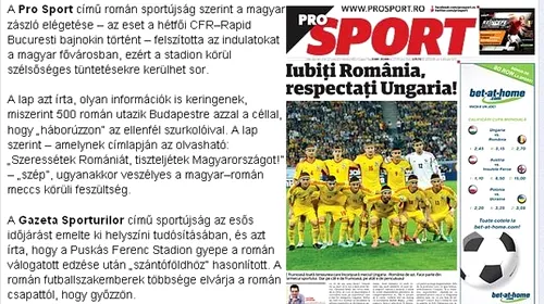 Mesajul ProSport, preluat de presa din Ungaria:** „Pentru români iubire, pentru noi respect” Echipamentele celor două echipe