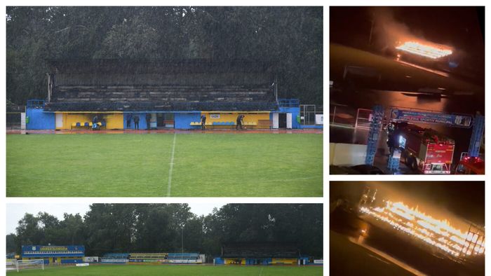 VIDEO | Tribuna stadionului 1 Mai din Slobozia, mistuită de flăcări după un incendiu declanșat de un fulger, în noaptea dinaintea meciului Unirea Slobozia - FK Miercurea Ciuc