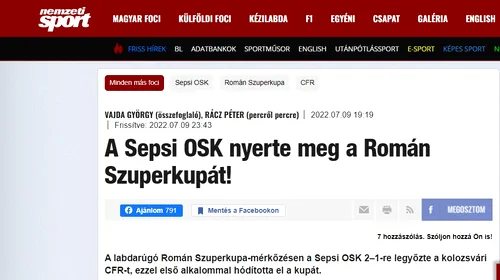 Ziarele de la Budapesta exultă după performanța celor de la Sepsi! „Au fost cântece maghiare, printre care şi Ria, Ria, Hungaria!”