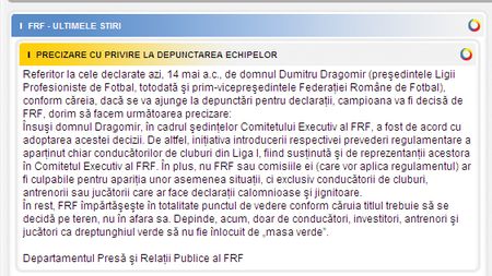 Site-ul FRF: "Dragomir a fost de acord cu depunctarea pentru declarații"