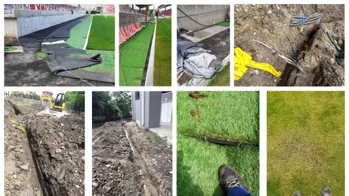 FOTO | Noi probleme la stadionul din Arad. Constructorul arenei a apelat la ”cârpeli” pentru a repara sistemul de irigare al gazonului, pe care singur l-a tăiat. Firma care a montat suprafața de joc își anulează garanția