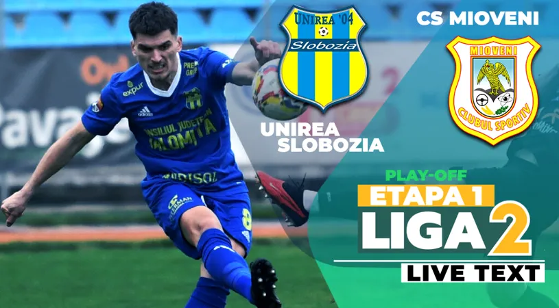 Unirea Slobozia debutează în play-off cu o victorie la limită cu CS Mioveni și cel puțin pentru două zile urcă pe locul 1 în Liga 2. Golul, marcat dintr-o poziție suspectă de offside