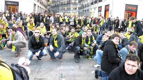 „Galben-negru” über alles!** Peste 10.000 de fani au venit de la Dortmund la Madrid pentru a-și susține favoriții. „Messi, Messi” a fost refrenul favorit!