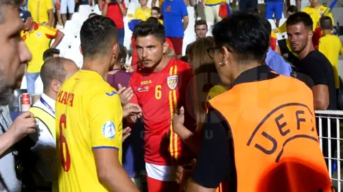 Momente halucinante la finalul partidei România – Franța: Cristi Manea a bruscat o fană, iar soția jucătorului a fost lovită cu piciorul în gură de un suporter român. Fotbalistul a intervenit, dar Gică Hagi i-a cerut să plece la vestiare