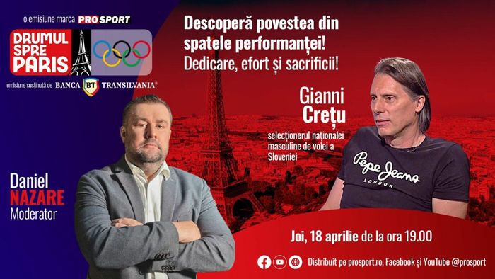 Românul Giani Crețu, selecționerul naționalei masculine de volei a Sloveniei, va fi invitatul emisiunii Drumul spre Paris, realizată de jurnalistul Daniel Nazare