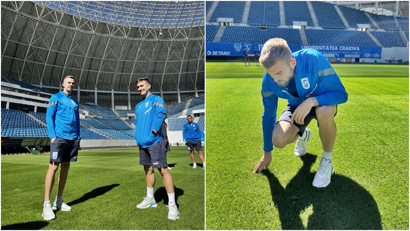 Jucătorii Universității Craiova au inspectat gazonul de pe Stadionul „Ion Oblemenco” înaintea meciului cu FCSB! Cum arată suprafața de joc | FOTO