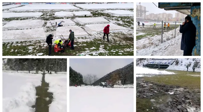 FOTO și VIDEO | Două meciuri din Liga 3, de la Brașov și Rășinari, amânate pentru o zi, din cauza faptului că organizatorii n-au făcut față zăpezii