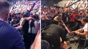 Bătaie și în tribune la meciul McGregor -  Nurmagomedov! Fanii s-au lovit cu scaune, femeile au folosit poșetele pe post de "arme" | VIDEO