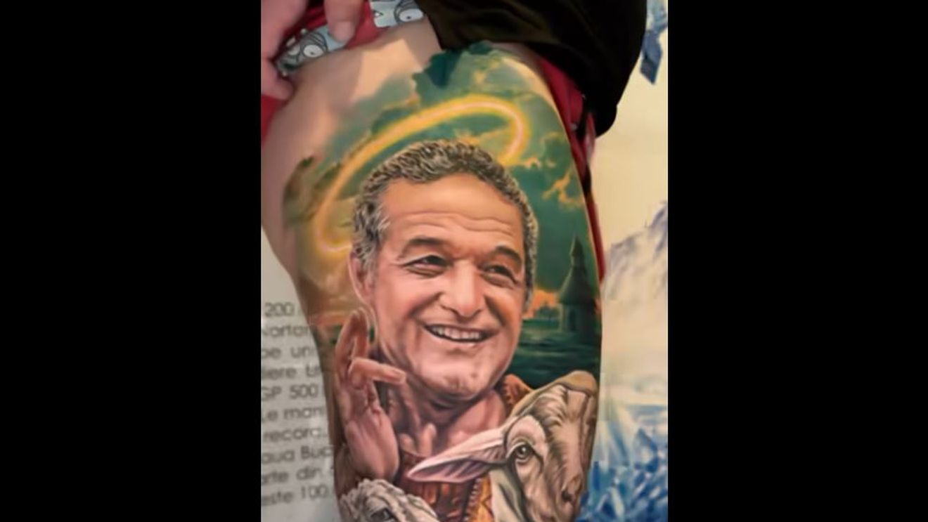 Tatuajul obscen cu Gigi Becali, devenit viral pe internet! Un ultras și-a făcut un desen cu miliardarul din Pipera, sub formă de sfânt, și două oi