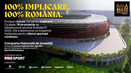 Compania Națională de Investiții a primit premiul special pentru Susținerea infrastructurii în Sportul Românesc la Gala Mari Sportivi ProSport 2024! CNI, 78 de proiecte finalizate în acest an