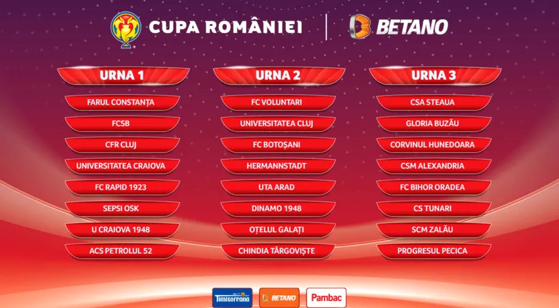 Cluburile calificate în faza grupelor Cupei României. FRF explică de ce Dinamo și Chindia sunt în Urna 2, iar Steaua este în Urna 3. Când are loc tragerea la sorți