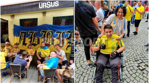 Imagini emoționante din Centrul Vechi înainte de Ucraina – Austria! Un suporter în scaun cu rotile a venit la București să își susțină favoriții! Spectacol făcut de cele două galerii | FOTO & VIDEO