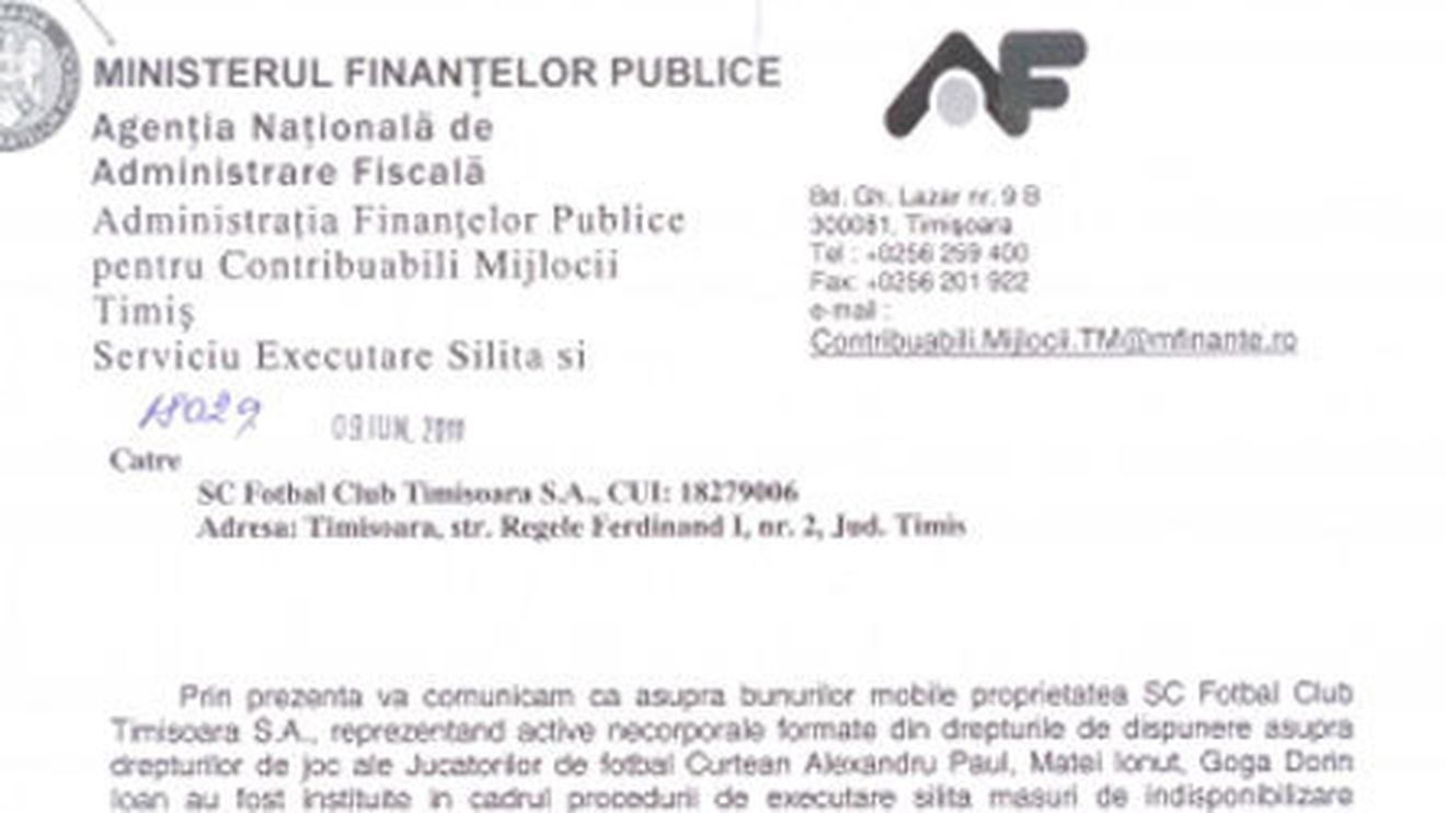 FOTO** Iată DOVADA că ANAF a pus sechestru pe 3 dintre jucătorii lui Poli! Șeful Fiscului din Timiș a greșit însă lista