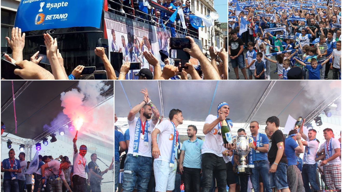 Fiesta în Bănie! Zece mii de olteni și-au sărbătorit eroii în centrul orașului. "Leii" lui Mangia au defilat cu un autocar descoperit și au prezentat cupa. Bancu, Mitriță și Băluță, "vinovați" pentru că evenimentul a fost devansat