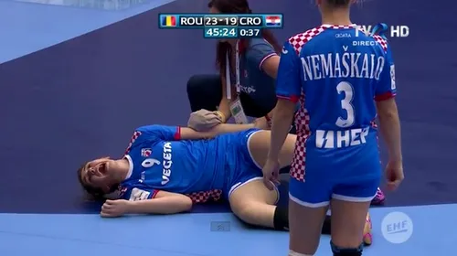 FOTO | Accidentare HORROR în meciul României cu Croația. Handbalista e în lacrimi, medicii au intervenit imediat