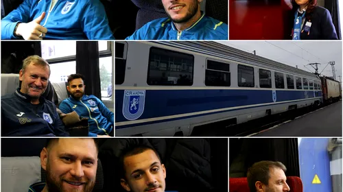 FOTO | Lotul Craiovei a plecat cu trenul spre București, pentru derby-ul cu Dinamo. Gică Craioveanu a luat mascota și a ținut să fie alături de jucători. „Nașii” au primit mici atenții