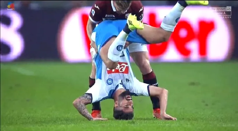 Accidentare groaznică suferită de un fotbalist de la Napoli. VIDEO | Adversarul a încercat să-l prindă, însă nu a putut evita impactul