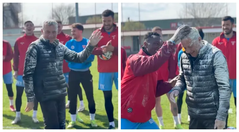 Imagini neverosimile. Fotbaliştii i-au pus făină şi ouă în cap lui Mircea Rednic: de ce au făcut acest gest!