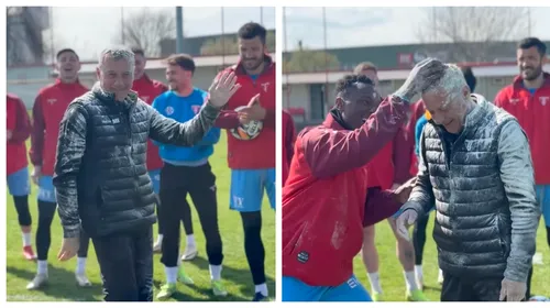 Imagini neverosimile. Fotbaliştii i-au pus făină şi ouă în cap lui Mircea Rednic: de ce au făcut acest gest!